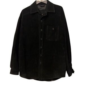 Vintage 90s Saxony Black Suede Leather  Button Up Shirt Jacket L